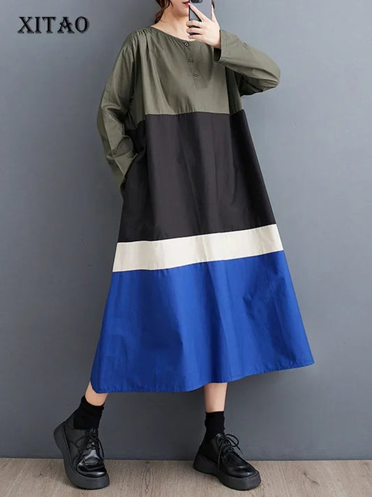 XITAO Casual Dress Simplicity Contrast Color Splicing Loose Long Sleeve Pullover O-neck Women Dress Initial Spring New ZZ0010