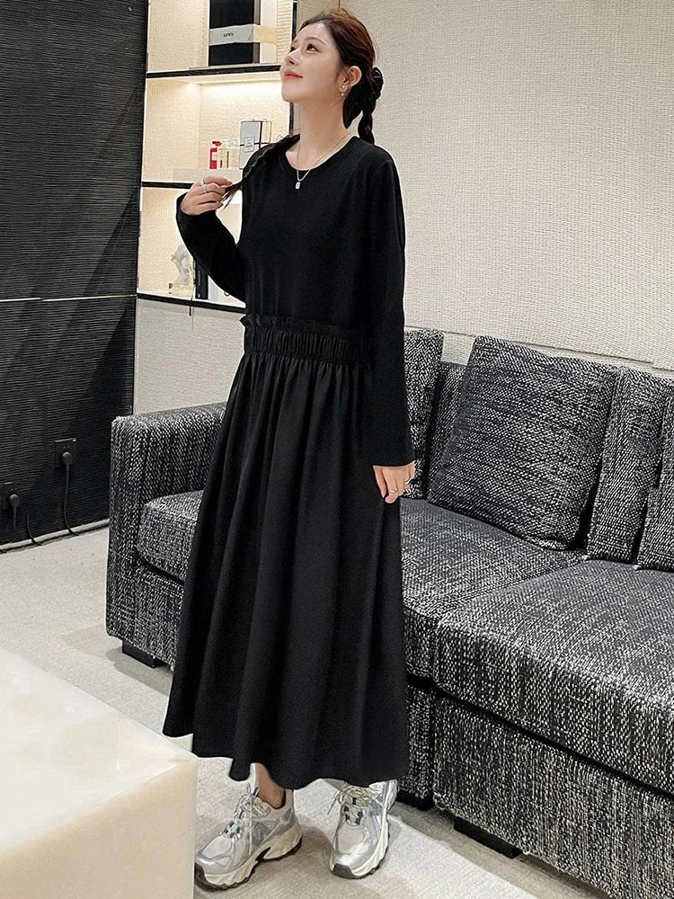 XITAO Solid Color Patchwork Draped Dresses O-neck Pullover Long Sleeve Loose Slimming Casual Fashion Dresses 2024 Autumn LJ1049