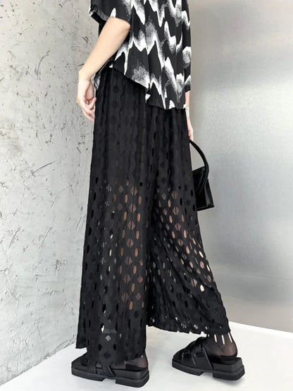 XITAO Hollow Out Lace Patchwork Pants Solid Color Elastic Waist Loose Slimming All Match Fashion Casual Wide Leg Pants GMM1265