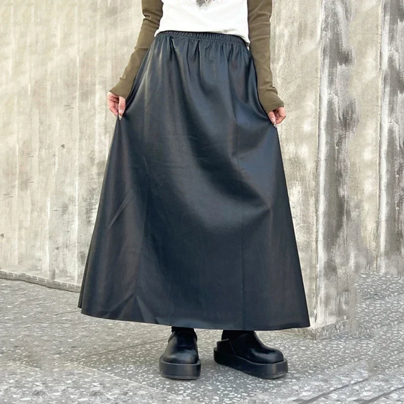 XITAO Black PU Female Skirt Simplicity Fashion Loose Temperament Women Elastic Waist A-line Skirt Spring All-match DMJ3433