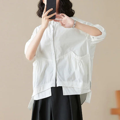 XITAO Solid Color Big Pocket Casual Shirt Women Top Literature Art Solid Casual Loose Asymmetrical All Match Fashion HQQ0228