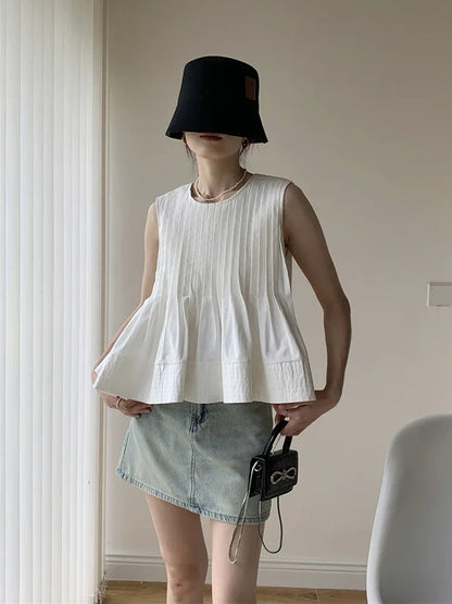 XITAO Sleeveless Pleated Shirt Solid Color Fashion Simplicity O-neck Collar Temperament Top Summer All-match New HQQ0236