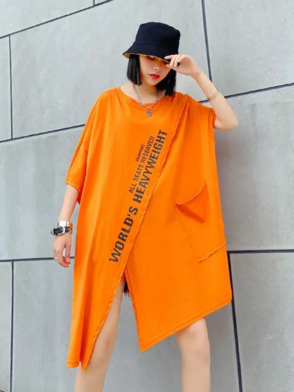 XITAO Batwing Sleeve Asymmetrical T-shirt 2024 Summer New Fashionable O-Neck Solid Color Personality Print Thin Top WMD0556