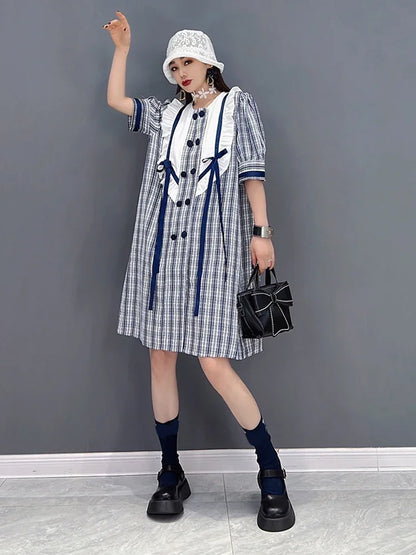 XITAO Double Breasted Plaid Dress Women Summer New Personality Fashion Loose O-neck Short Sleeve Dress WMD5991