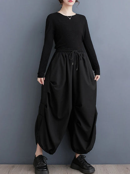 XITAO Pleated Elastic Waist Ankle Length Pants Drawstring Solid Color Personality Casual All-match Women Wide Leg Pants DMJ3786