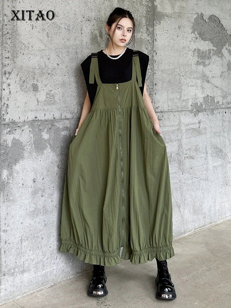 XITAO Casual Tooling Strap Dress Solid Color Zipper Splicing Loose Women Summer New Dress Folds Hem Simplicity All-match ZY8825