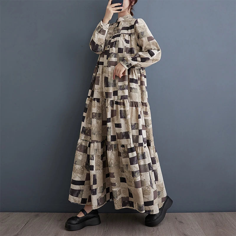 XITAO Loose Print Casual Patchwork Dress Full Sleeve A-line Korean Temperament Women Stand Collar Single Breasted Dress ZYY1013