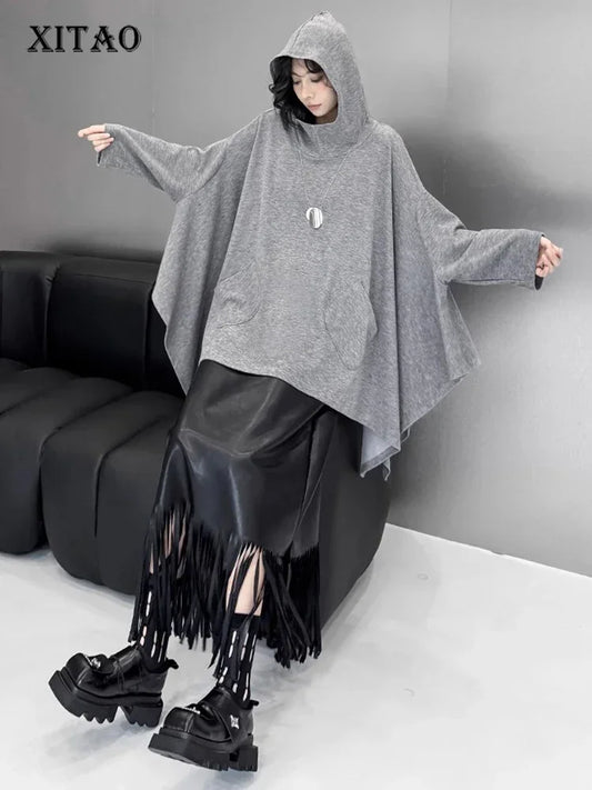 XITAO Hooded Batwing Sleeve Women Sweatershirt Solid Color Loose Irregular Pocket Casual Pullover Female Sweatershirt ZYY1025