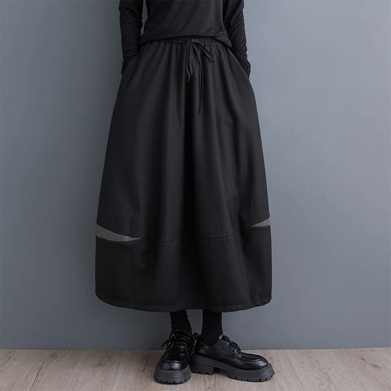 XITAO Casual Solid Color A-line Mid-calf Skirt Contrast Color Patchwork Autumn Women 2024 New Trendy Female Skirt ZYY1090