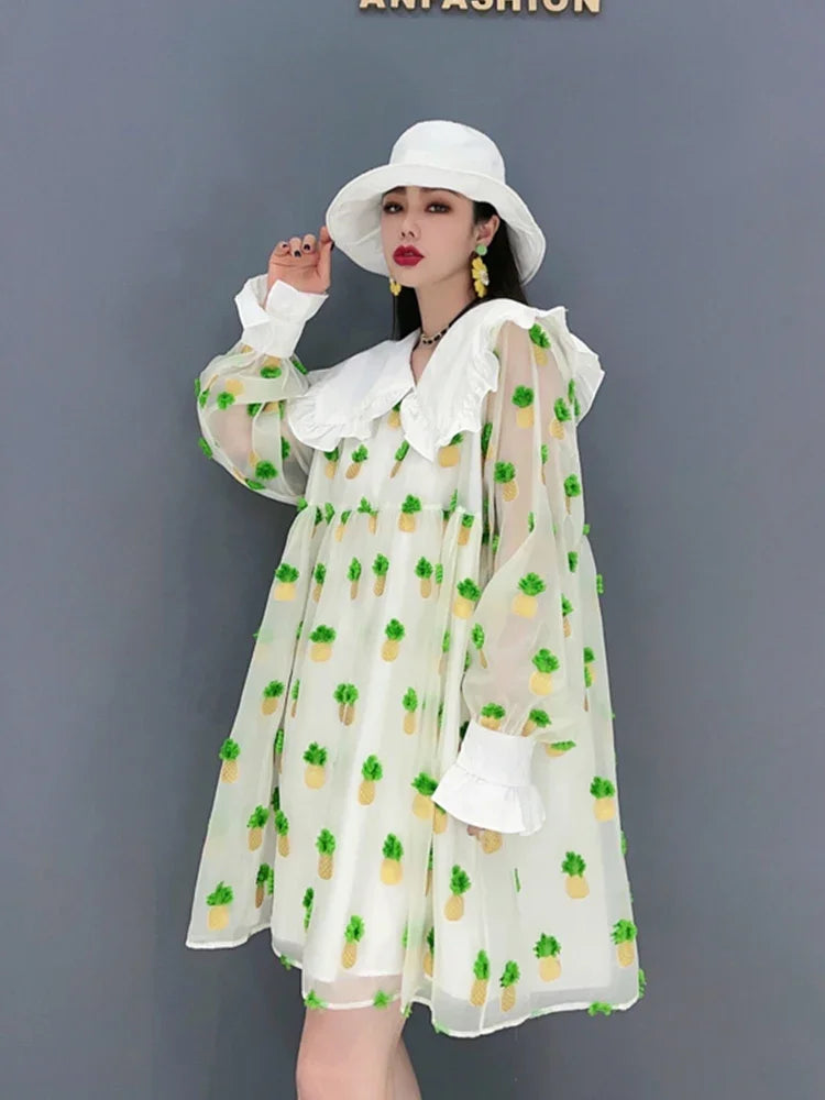 XITAO Patchwork Print Dress Women Korea Summer New Personality Fashion Loose Peter Pan Collar Full Sleeve Dress WMD5363