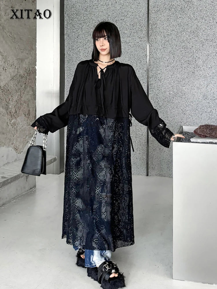 XITAO Black Lace Patchwork Long Dress Solid Color V-neck Full Sleeve Pullover Temperament Elegant Fashion Women New Dress LYD1806