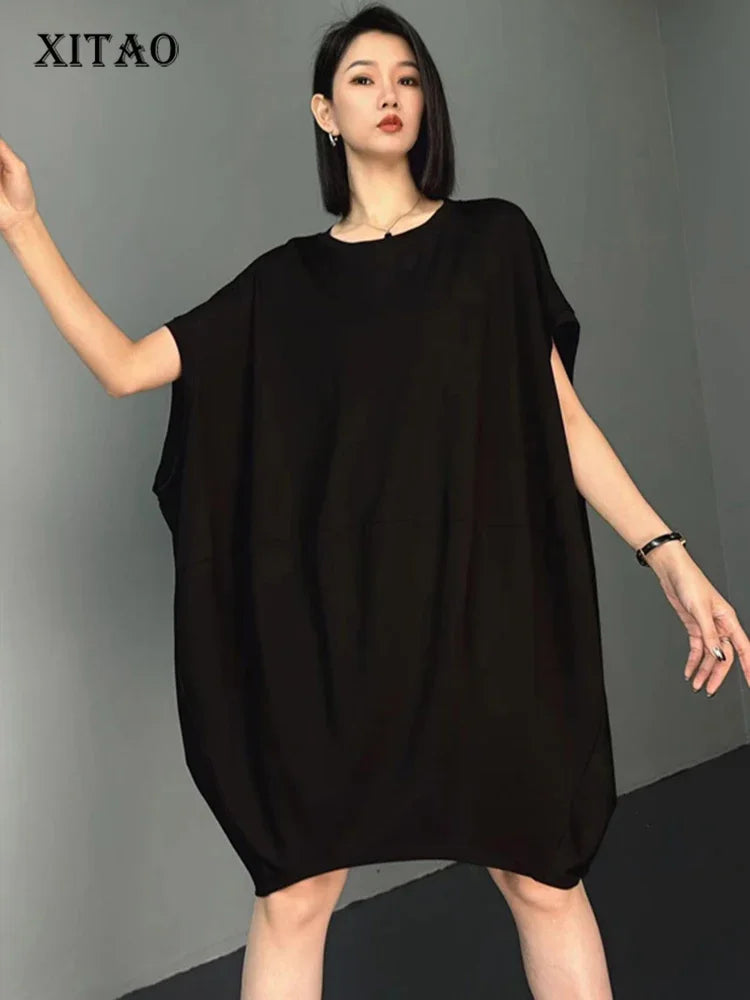 XITAO Loose Batwing Sleeve Dress Solid Color All-match Slimming Women Summer New Temperament Elegant Simplicity Dress ZY8721