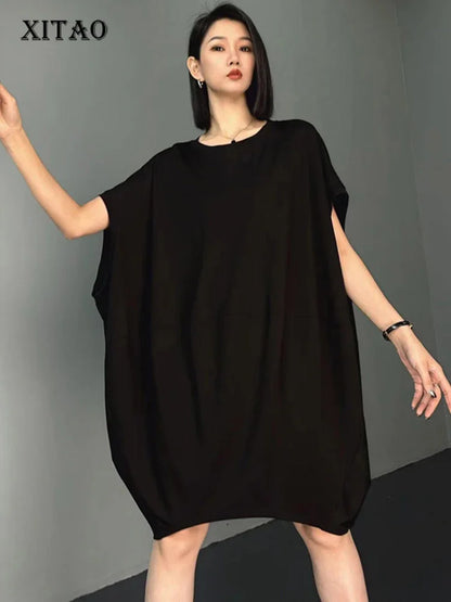 XITAO Loose Batwing Sleeve Dress Solid Color All-match Slimming Women Summer New Temperament Elegant Simplicity Dress ZY8721