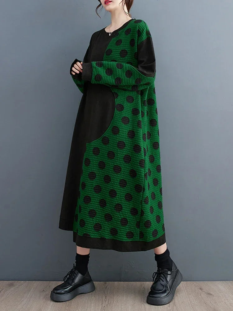 XITAO Long Sleeve Dress Irregular Contrast Color Dot Print Patchwork Women Loose A-line Dress Spring New Women ZZ0227