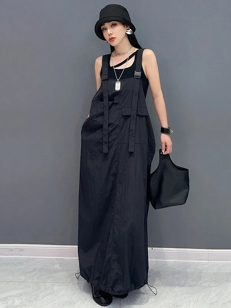 XITAO Loose Straps Solid Color Dress Simple Fashion Sleeveless Autumn Women Casual Drawstring Buckle A-line Dress GMM1268