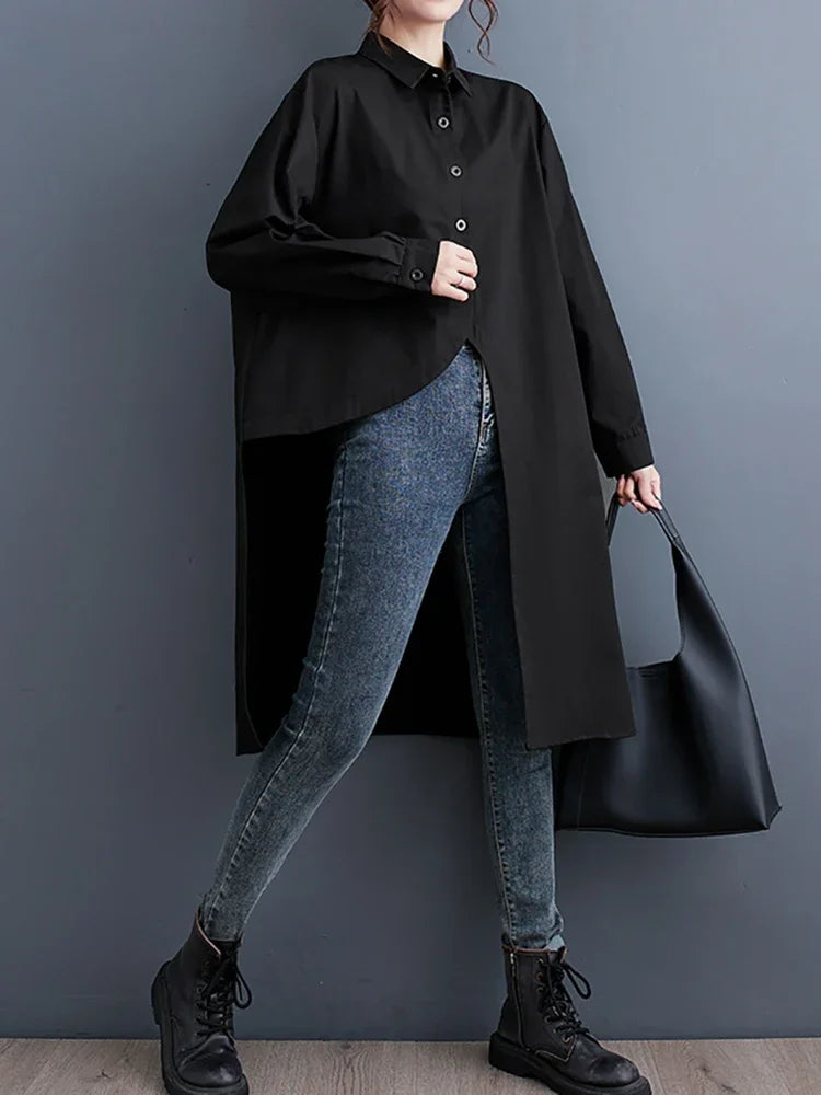 XITAO Asymmetrical Single Breasted Shirt Solid Color Loose Turn-down Collar Long Sleeve Spring New Arrival Casual LYD1140