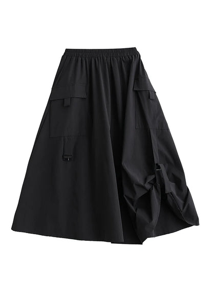 XITAO Pocket Patchwork Asymmetrical Skirts Solid Color Elastic Waist  A-line Loose Mid-calf All Match Skirts 2024 Autumn DMJ5020