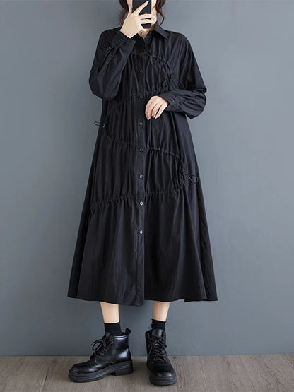 XITAO Loose Fashion Pleated Female Dress Long Sleeve Mid Calf Temperament Turn Down Collar Loose A-line Dresses Autumn GYX1048