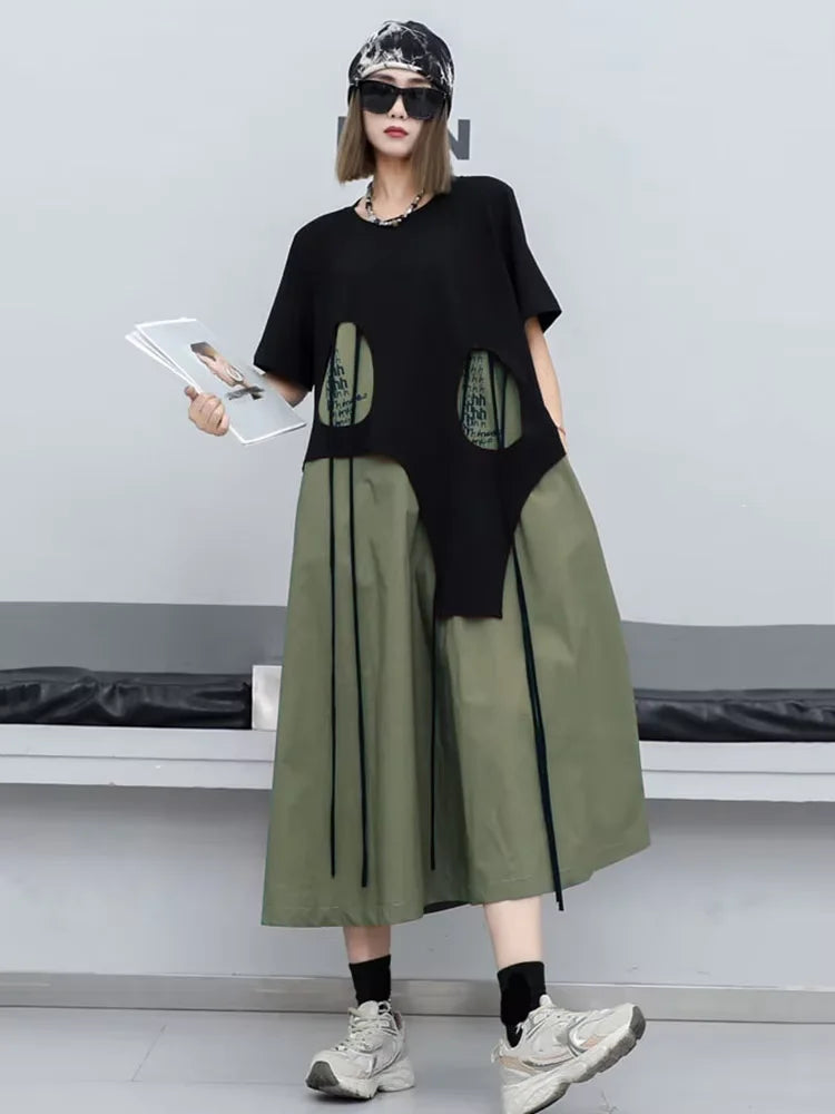 XITAO Hollow Out False Two Pieces Dress Contrast Color Loose Personality Asymmetrical Patchwork T-shirt Dress Summer New LYD1895