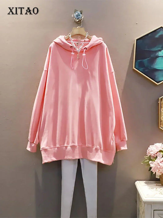 XITAO Solid Color Casual Women Sweatshirt Loose Pullover Fashion Long Hooded Collar Top 2024 Spring New All-match WMD2700