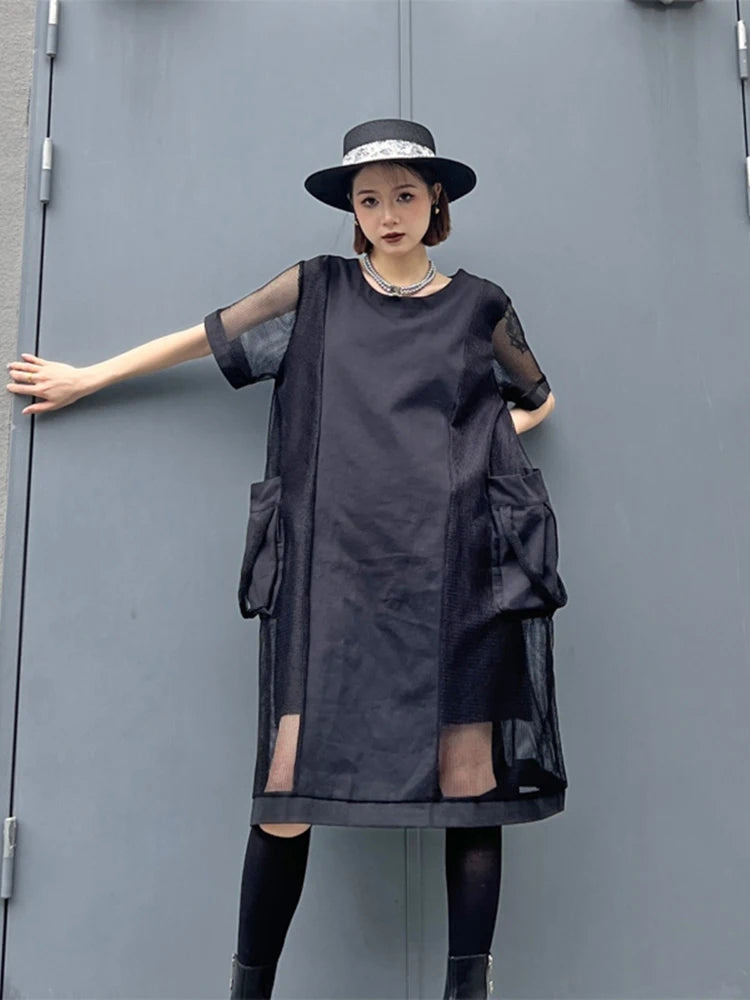 XITAO Gauze Patchwork Pocket O-neck Dresses Solid Color Short Sleeve Pullover Loose Fashion Dress 2024 Summer Slimming ZY8811