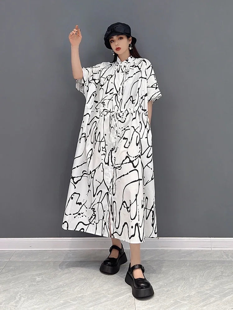 XITAO Fashion Print Shirt Dress Loose Casual Short Sleeve Turn-down Collar Bandage Dress Simplicity Temperament New WLD6893