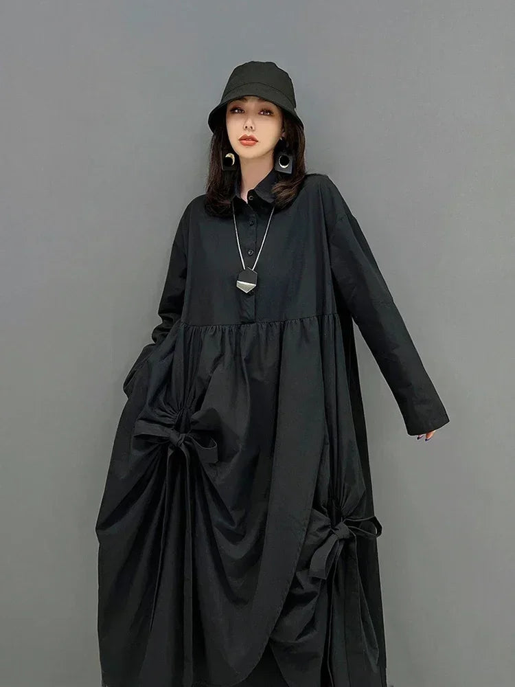 XITAO Irregular Folds Shirt Dress Solid Color Pleated Splicing Bow Hem Spring Long Sleeve Turn-down Collar Shirt Dress WLD8722