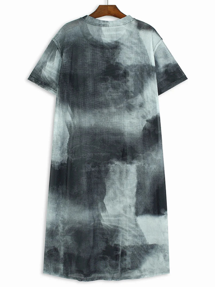 XITAO Tie Dye Perspective Mesh Slit Female Dress Personality Casual T-shirt Dress 2024 Summer New Street Trendy Women WLD20248