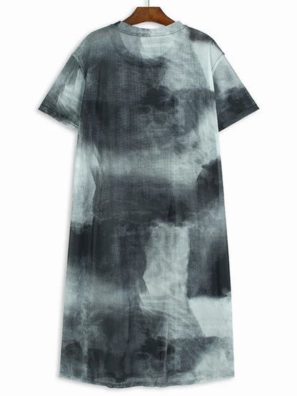 XITAO Tie Dye Perspective Mesh Slit Female Dress Personality Casual T-shirt Dress 2024 Summer New Street Trendy Women WLD20248