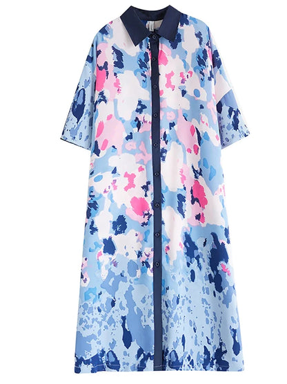 XITAO Fashion Casual Print Dress Loose Fashion Turn-down Collar Women Shirt Dress Summer New Temperament Shirt Dress WLD16704