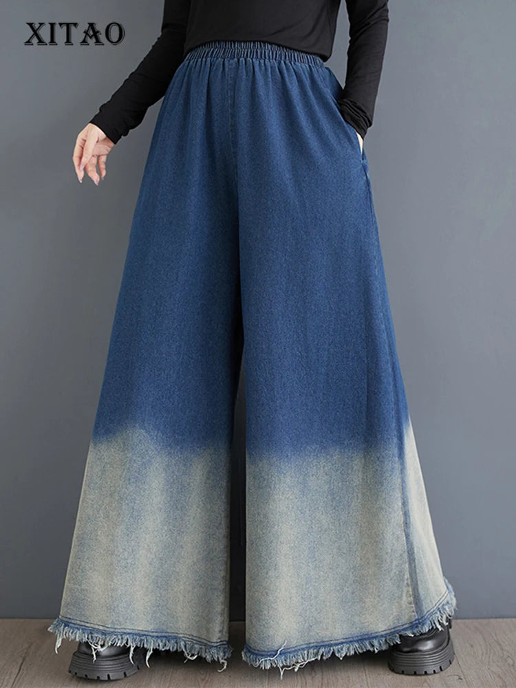 XITAO Casual Loose Vintage Wide Leg Pants Gradient Lazy Style Elastic Waist Full Length Elegant Autumn Women Jean ZYY1061