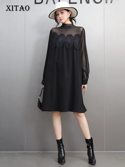 XITAO Casual Loose Fit Solid Color O-neck Dress Mesh Patchwork Lace Full Sleeve Knee-length Straight Autumn Female Dress GMM1092