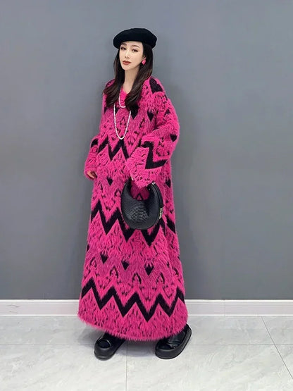 XITAO Knitting Geometric Pullover Dresses O-neck Loose Long Sleeve Mid-calf Sweaters Dress Spring New Fashion All Match DMJ2875