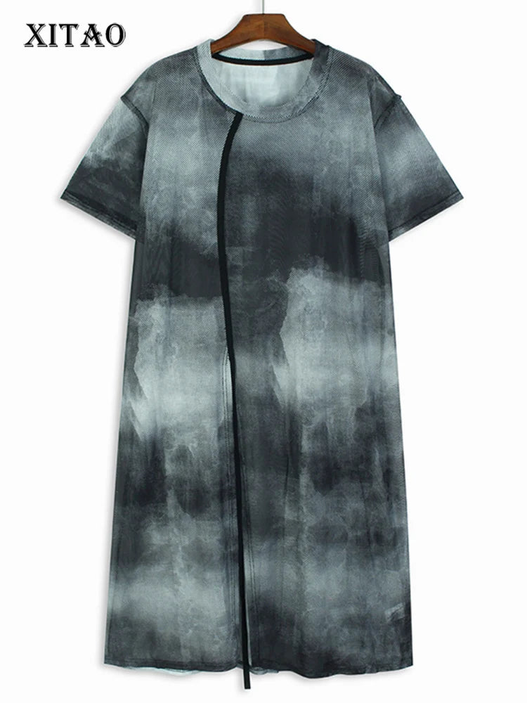 XITAO Tie Dye Perspective Mesh Slit Female Dress Personality Casual T-shirt Dress 2024 Summer New Street Trendy Women WLD20248