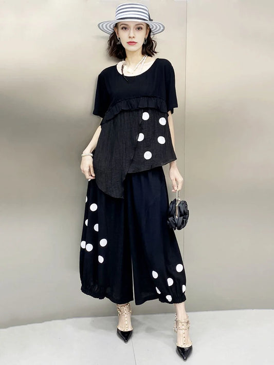 XITAO Edible Tree Fungus Asymmetrical Pant Sets Polka Dot Short Sleeve Loose Tops Elastic Waist Wide Leg Pants Summer ZY8717