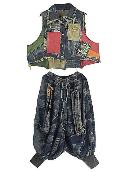 XITAO Denim Pants Sets Personality Fashion Irregular Contrast Color Patchwork Vest Calf-length Pants Two Pieces Sets LYD1878