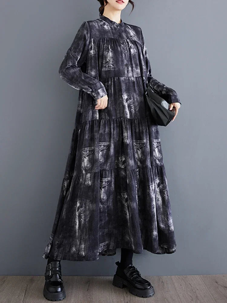 XITAO Print Loose Loose Female Dresses O-neck Pullover Long Sleeve A-line Mid-calf Dress Fashion 2024 Autumn New GYX1067