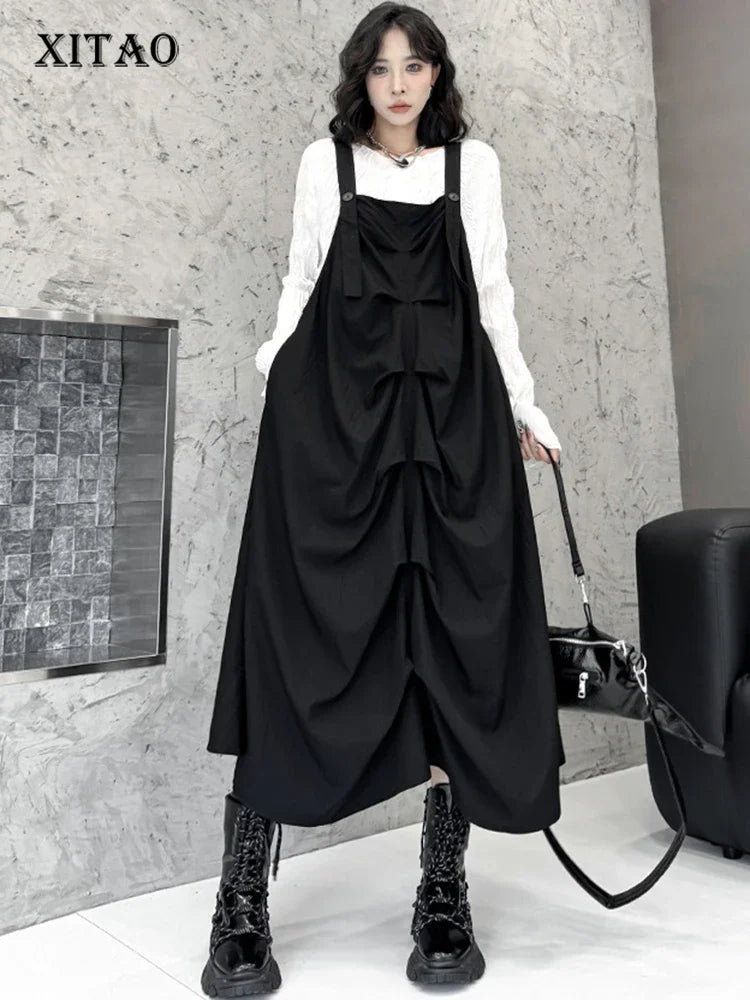 XITAO Straps Pleated Dress Personality Loose Casual Temperament Street Trendy All-match Fashion 2024 Autumn Women New ZY8900