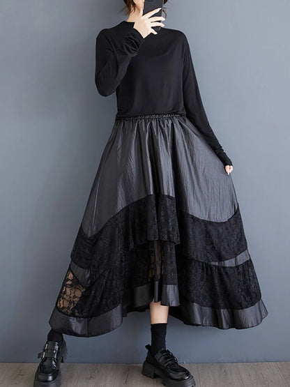 XITAO Casual Loose Fit A-line Solid Color Ankle-length Skirt Patchwork Elastic Waist Irregular Hong Kong Women Skirt GMM1062