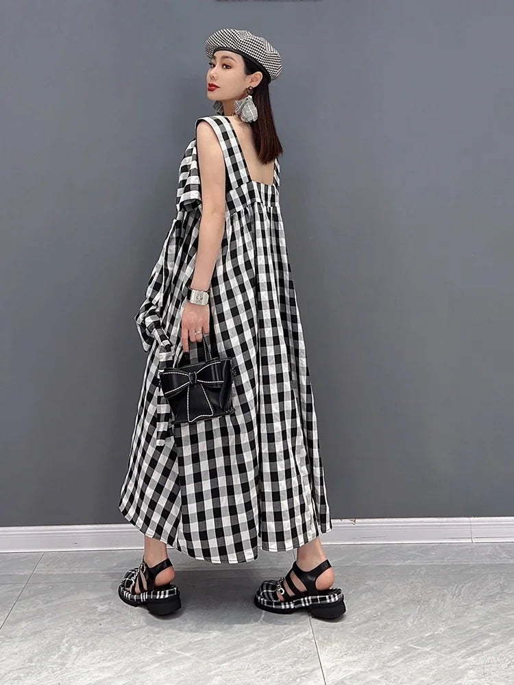 XITAO Plaid Dress Backless Sleeveless Patchwork Bow Small Fresh Casual Style 2022 Summer Minority Elegant Loose Dress WLD7014