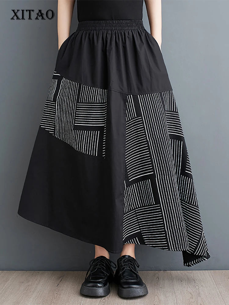 XITAO Loose Printed Female Patchwork Skirt Irregular Simplicity Elastic Waist New Spring Fashion Women A-line Skirt LYD1710