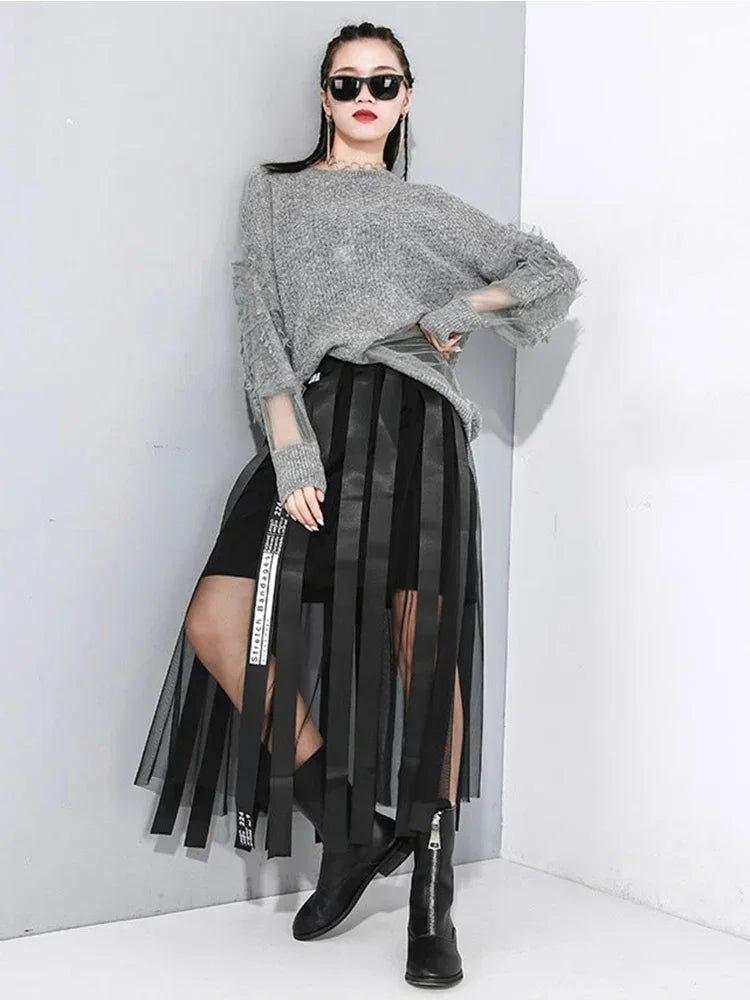 XITAO Spring 2020 New Mesh Splicing Skirts Womens Elastic Waist Tide Brand Webbing Irregular Skirt Streetwear Fashion WLD1084