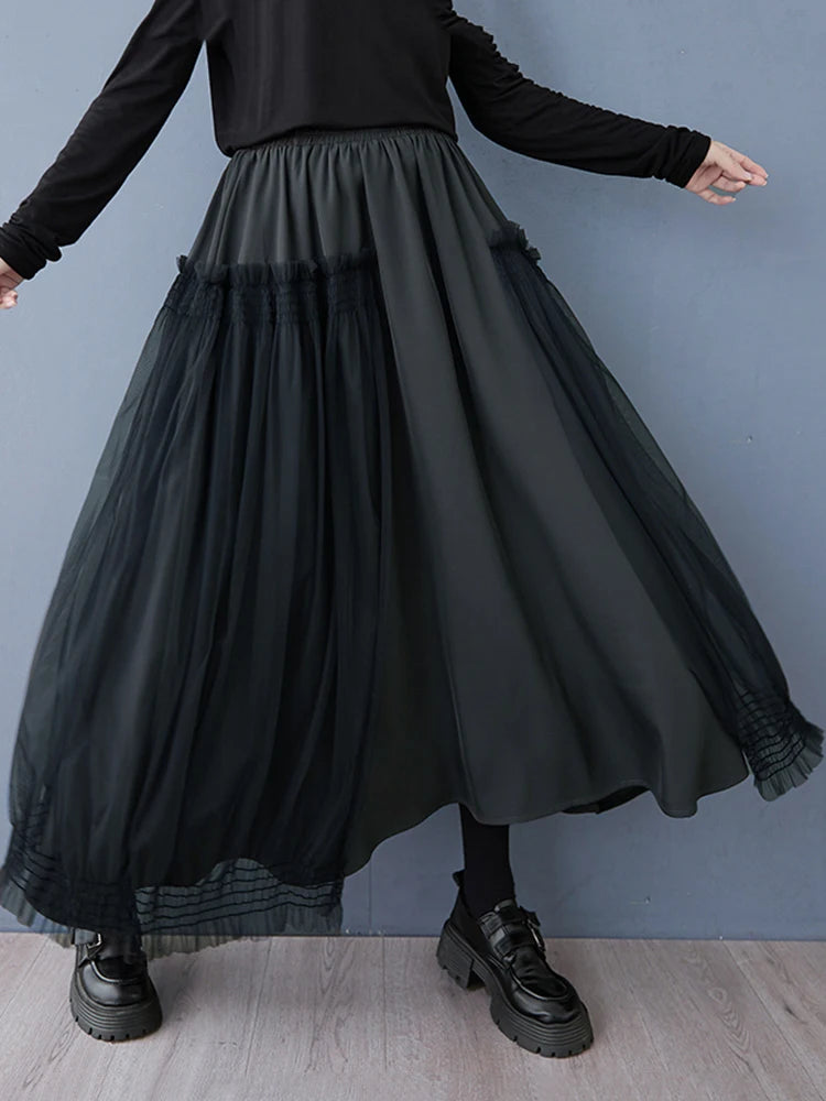 XITAO Gauze Patchwork Elastic Waist Skirt Loose All Match Mid-calf Casual Slimming Temperament Skirt Spring New GMM1251