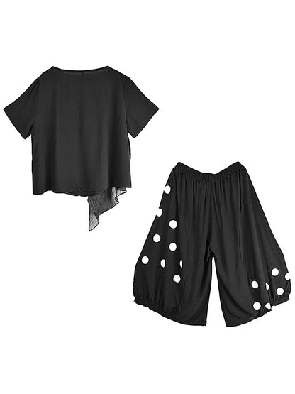 XITAO Edible Tree Fungus Asymmetrical Pant Sets Polka Dot Short Sleeve Loose Tops Elastic Waist Wide Leg Pants Summer ZY8717