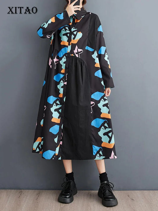 XITAO Contrast Color Print Dress Loose Fashion Long Sleeve Turn-down Collar Shirt Dress Initial Spring New Women LYD1471