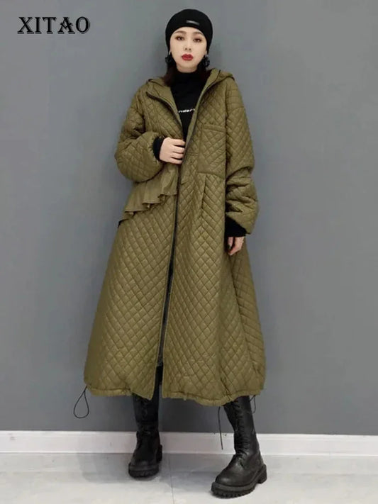 XITAO Hooded Parka Solid Color Long Large Size Diamond Lattice Zipper A-line Fashion Vintage All-match Keep Warm New JL0224