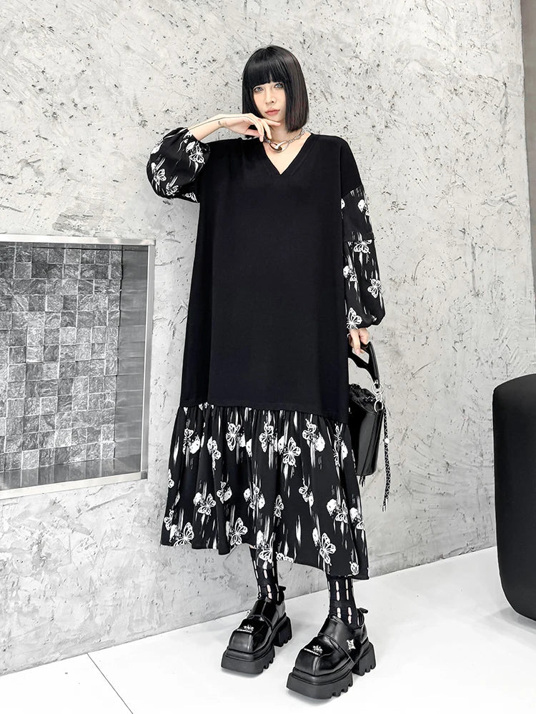 XITAO Butterfly Print Knitting V-neck Dresses Patchwork Long Sleeve Pullover Loose Temperament Fashion Slimming Autumn GJ1100