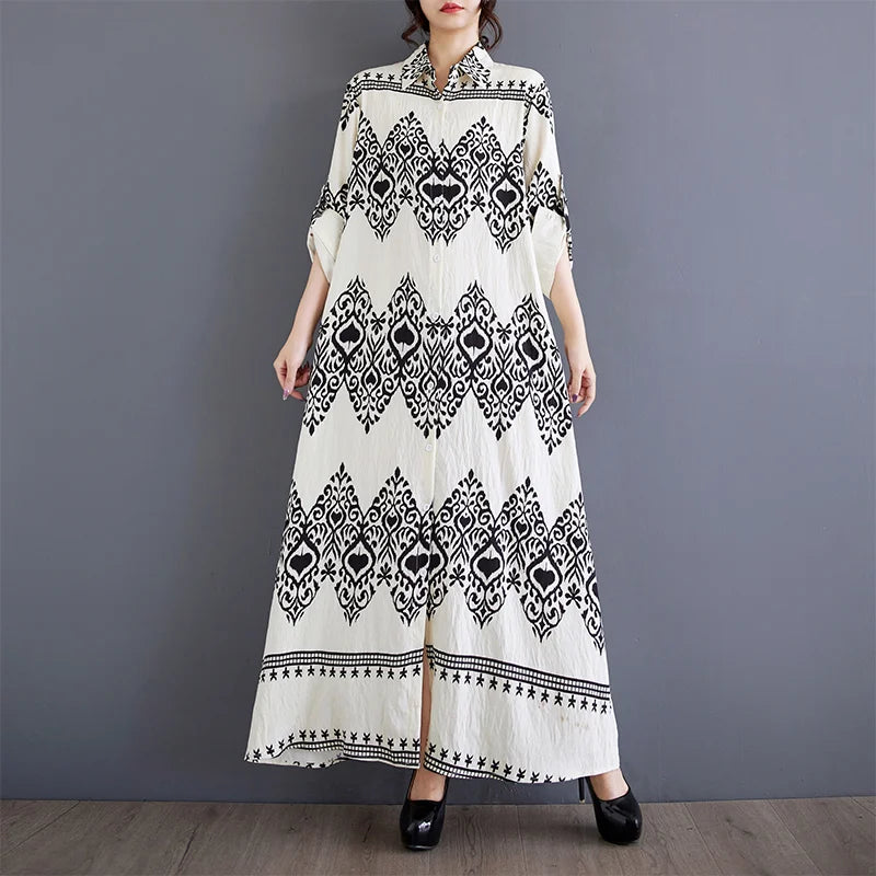 XITAO Loose Print Artistic Fashion Women Dress Casual 2024 New Autumn Splicing Female Mid Calf Temperament Shirt Dress LJ1071