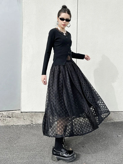 XITAO A-line Loose Solid Color Mid-calf Female Skirt Casual Hollow Out Lace Fashion Grace New Autumn Women Skirt GMM1103