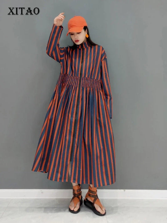 XITAO Striped Dress Fashion Stand Collar Loose Pleated Shrink Waist Shirt Dress Spring Summer Simplicity Women GWJ2751